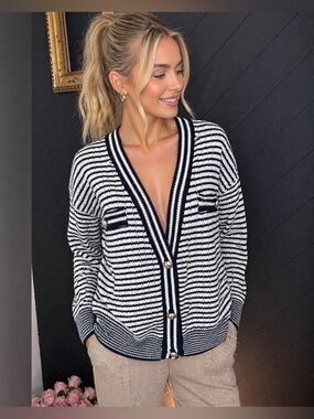 NWT Tahari Cardigan Sweater Navy & White Striped Button Up Women’s Large